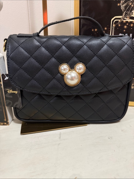 Disney Handbags - Disney Black Quilted Satchel with Pearl Mickey Accent and Gold Trim
